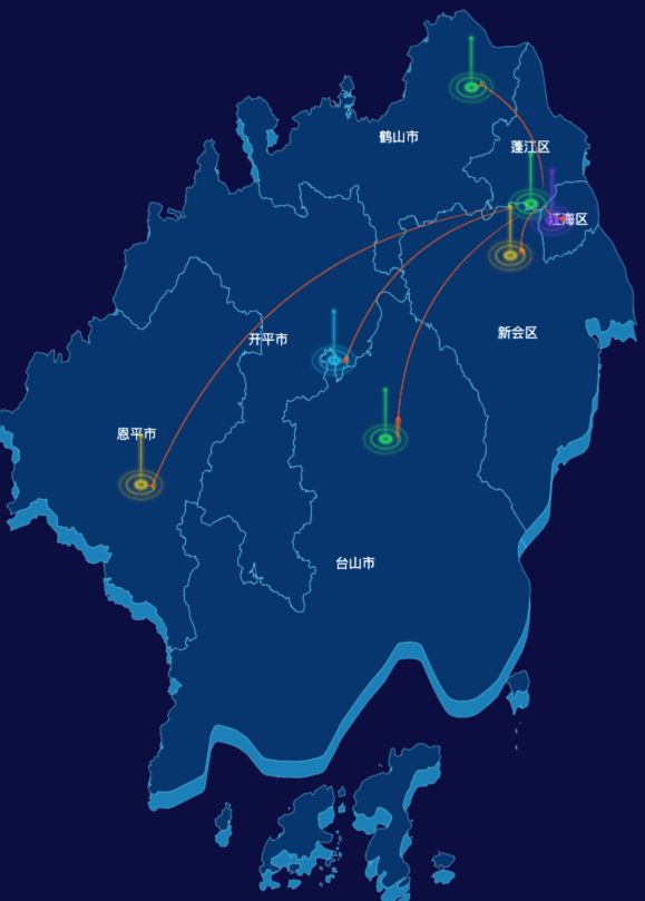 echarts江门市渲染效果-飞线图效果