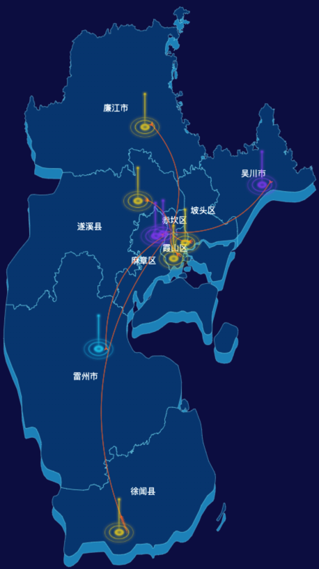 echarts湛江市渲染效果-飞线图效果