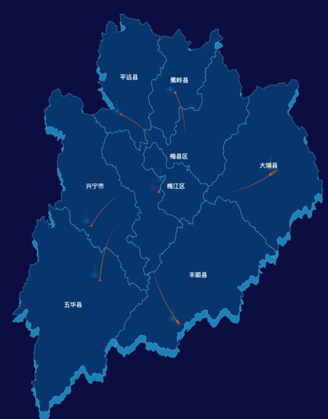 echarts梅州市渲染效果-飞线图效果