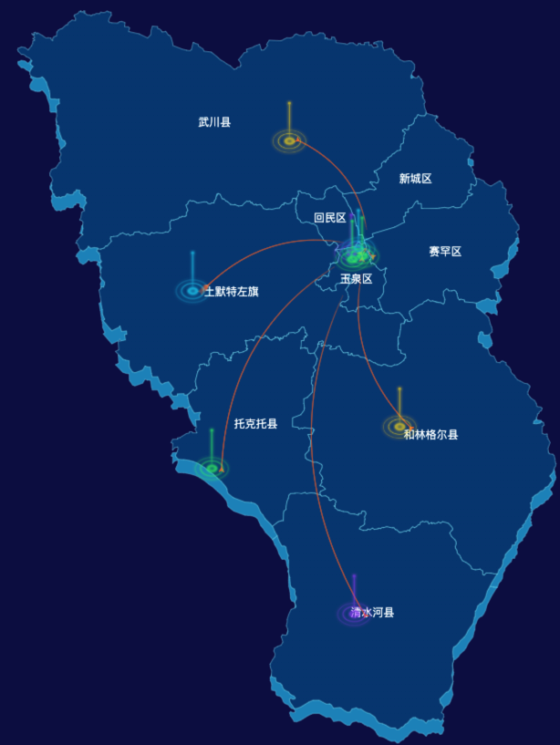 echarts呼和浩特市地图geoJson数据-飞线图效果