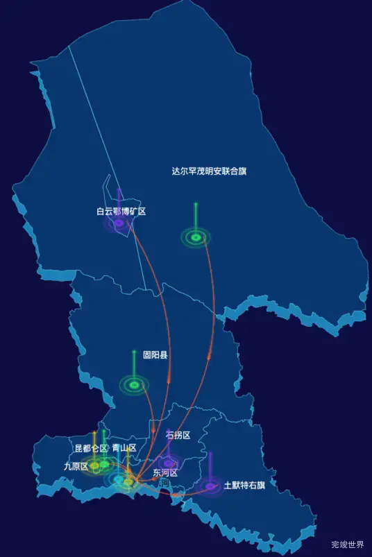 echarts包头市地图geoJson数据-飞线图效果