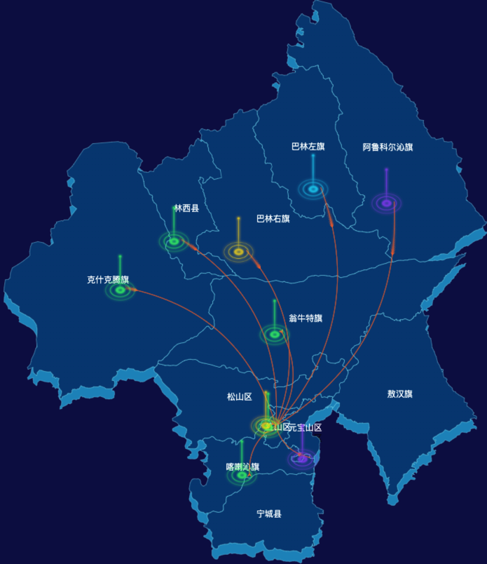 echarts赤峰市渲染效果-飞线图效果