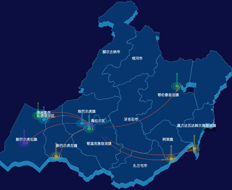 echarts呼伦贝尔市渲染效果-飞线图效果