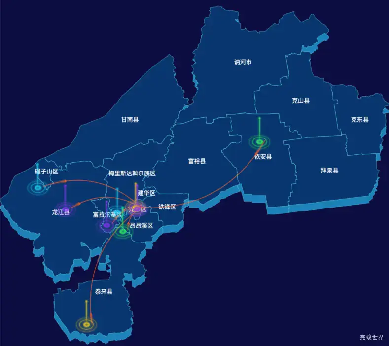 echarts齐齐哈尔市渲染效果-飞线图效果