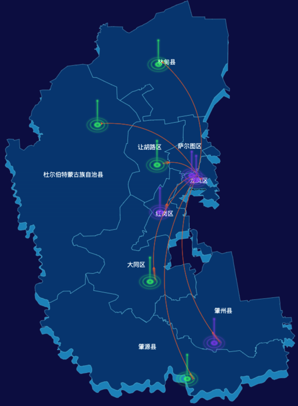 echarts大庆市渲染效果-飞线图效果