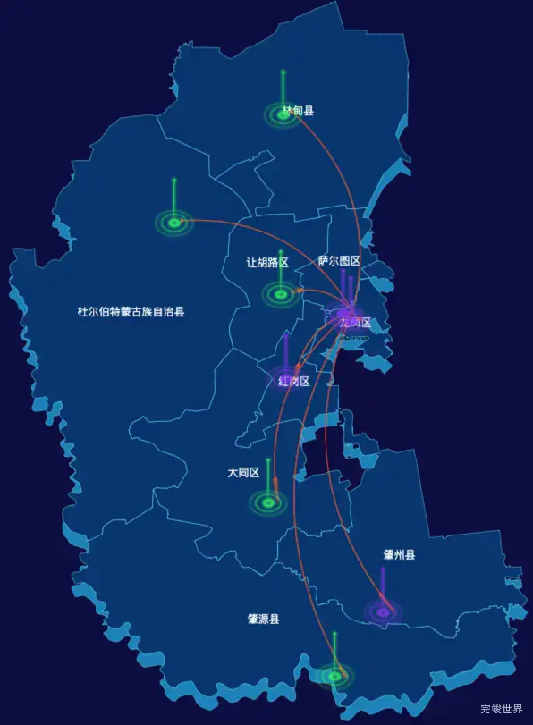 echarts大庆市渲染效果-飞线图效果