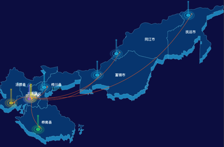 echarts佳木斯市渲染效果-飞线图效果