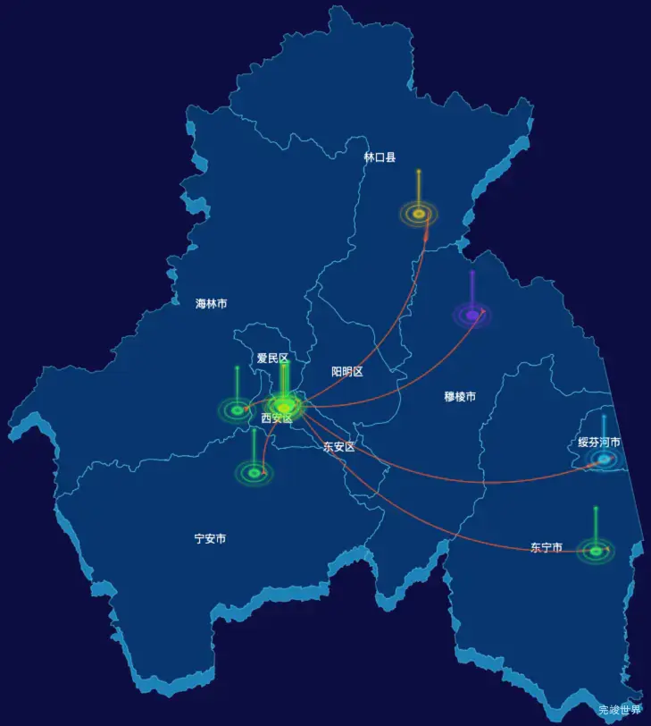 echarts牡丹江市渲染效果-飞线图效果