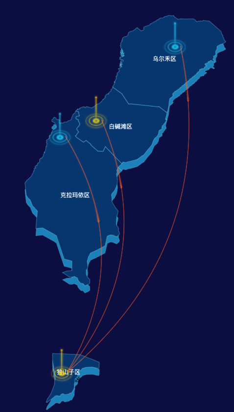 echarts克拉玛依市地区渲染效果-飞线图效果