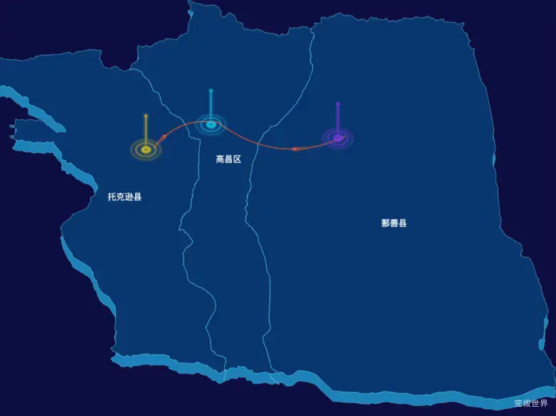 echarts吐鲁番市地区渲染效果-飞线图效果