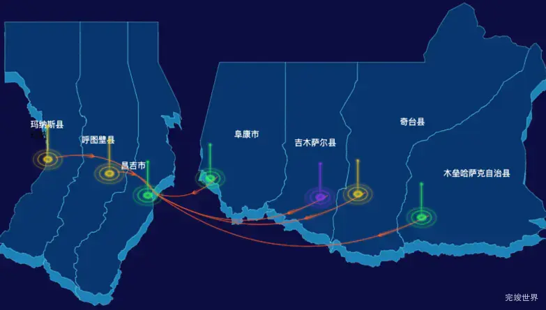 echarts昌吉回族自治州地区渲染效果-飞线图效果