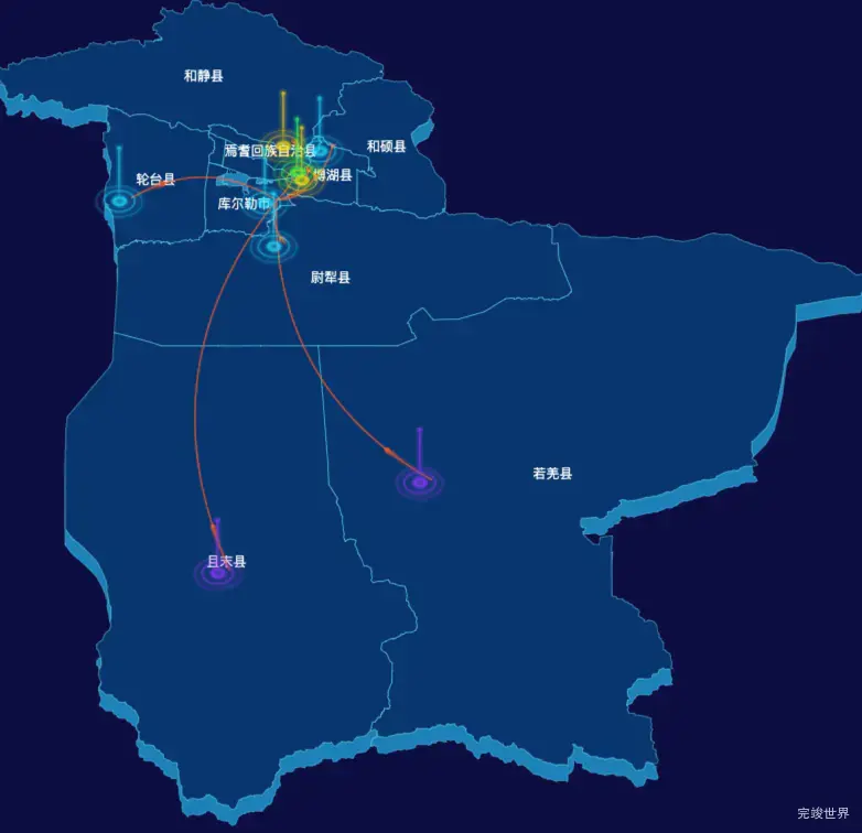 echarts巴音郭楞蒙古自治州地区渲染效果-飞线图效果