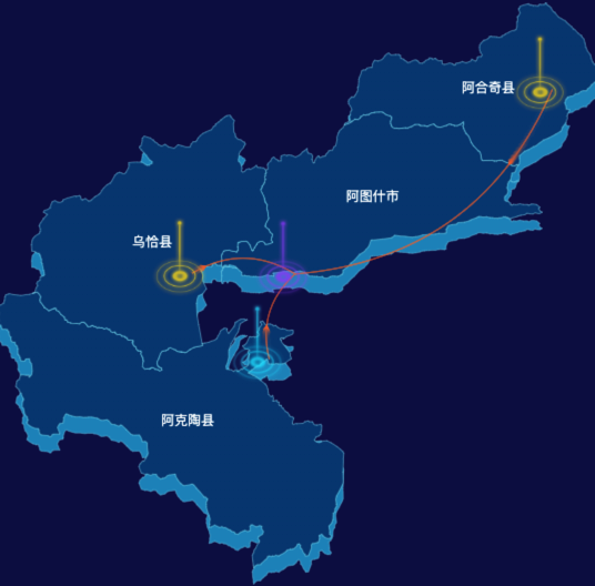 echarts克孜勒苏柯尔克孜自治州地区渲染效果-飞线图效果