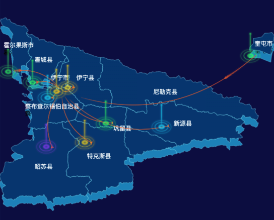 echarts伊犁哈萨克自治州地区渲染效果-飞线图效果
