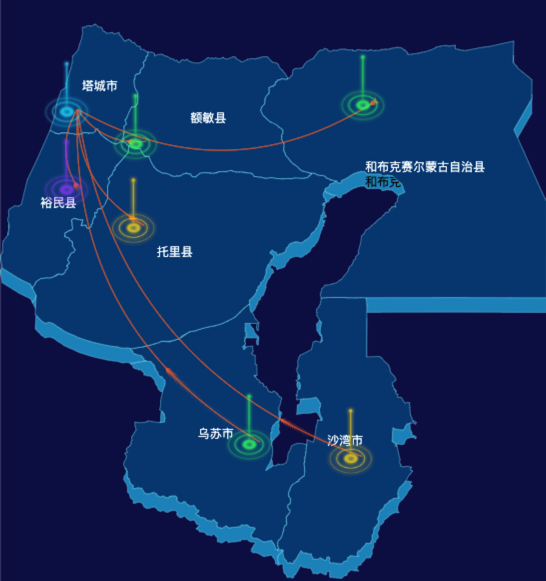 echarts塔城地区地区渲染效果-飞线图
