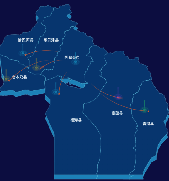 echarts阿勒泰地区地区渲染效果-飞线图