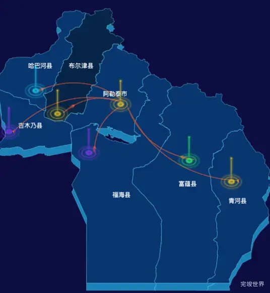 echarts石河子市地区地图geoJson数据-飞线图