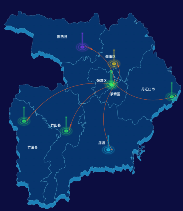 echarts十堰市地区地图geoJson数据-飞线图