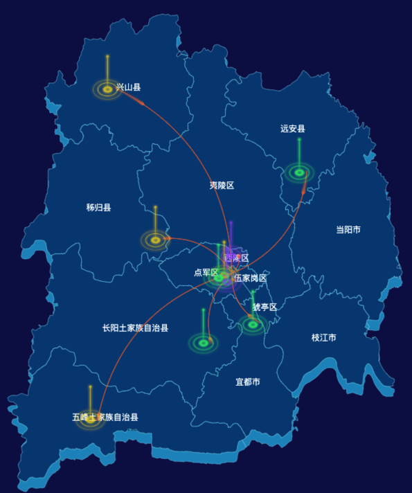 echarts宜昌市地区地图geoJson数据-飞线图