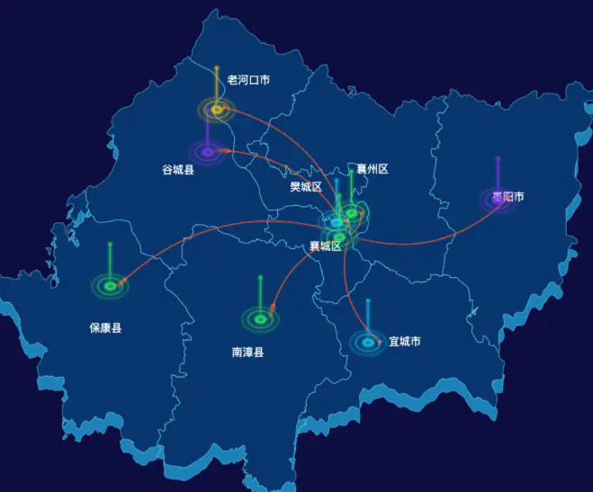 echarts襄阳市地区地图geoJson数据-飞线图