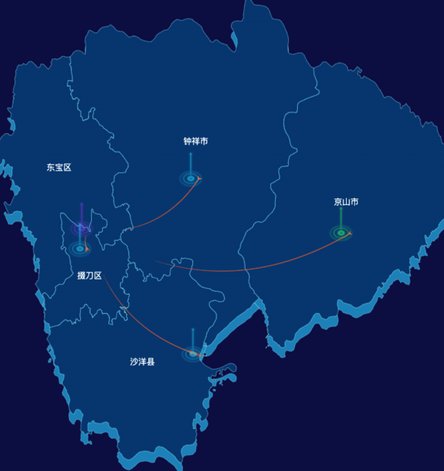 echarts荆门市地区地图geoJson数据-飞线图