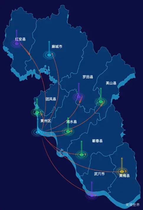 echarts黄冈市地区地图geoJson数据-飞线图