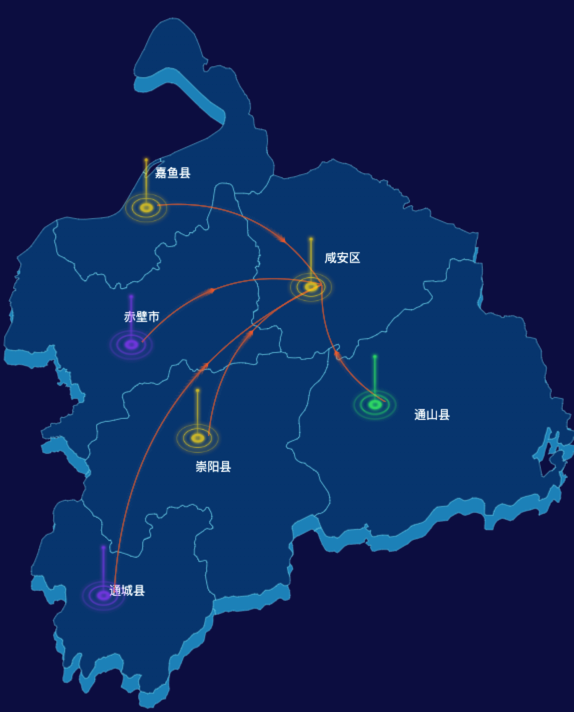 echarts咸宁市地区地图geoJson数据-飞线图