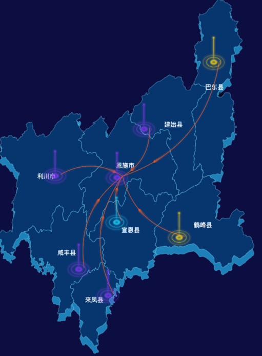 echarts恩施土家族苗族自治州地区地图geoJson数据-飞线图
