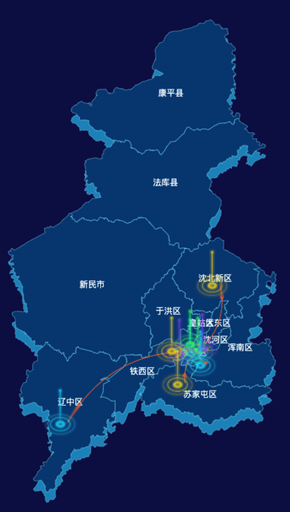 echarts沈阳市地区地图geoJson数据-飞线图