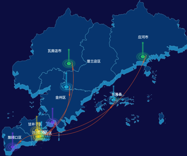 echarts大连市地区地图geoJson数据-飞线图
