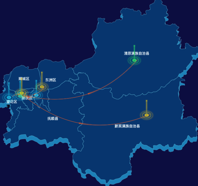 echarts抚顺市地区渲染效果-飞线图
