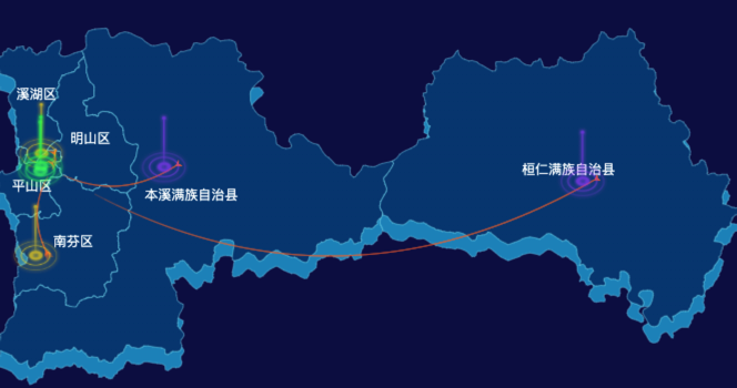 echarts本溪市地区渲染效果-飞线图