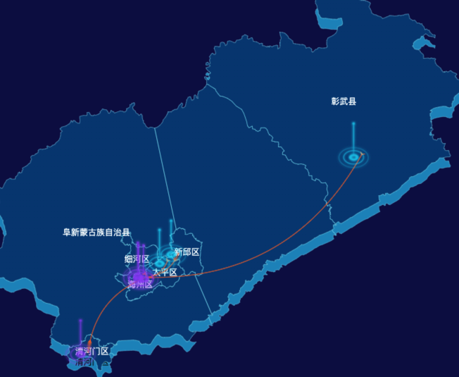 echarts阜新市地区渲染效果-飞线图