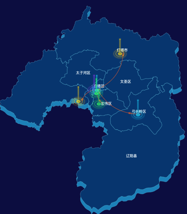 echarts辽阳市地区渲染效果-飞线图