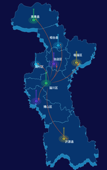 echarts淄博市地区渲染效果-飞线图