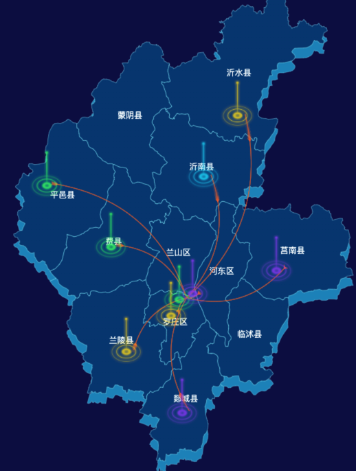 echarts临沂市地区地图geoJson数据-飞线图