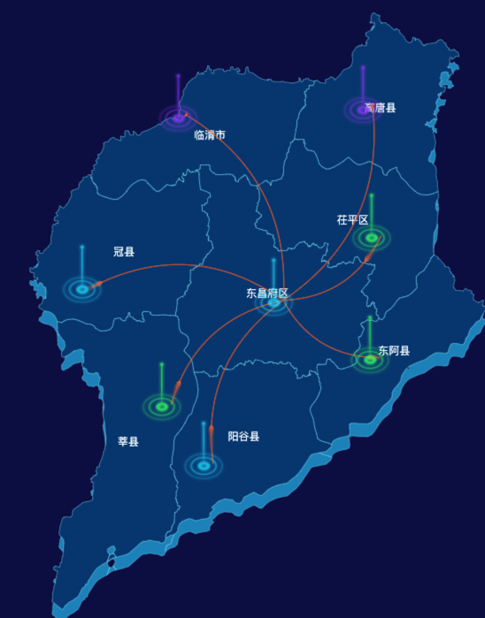 echarts聊城市地图轮廓渲染效果-飞线图