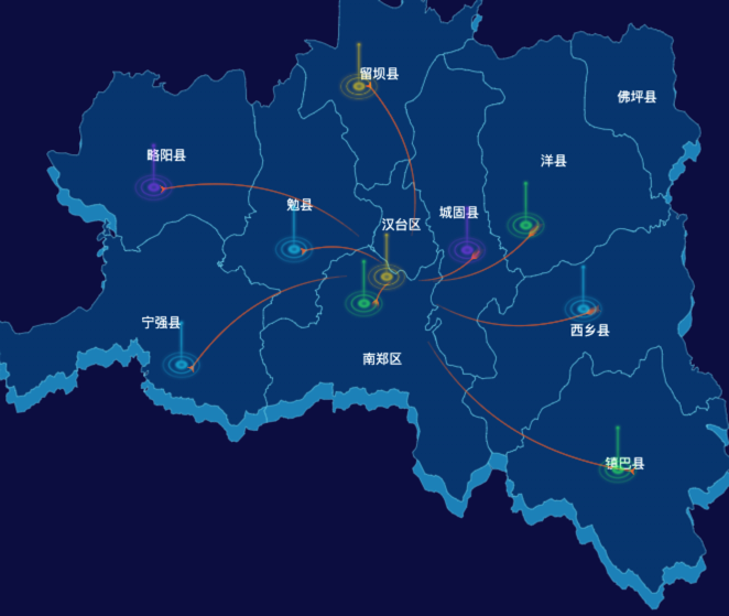 echarts汉中市地区地图geoJson数据-飞线图