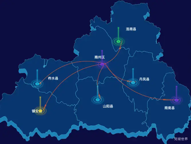 echarts商洛市地区地图geoJson数据-飞线图