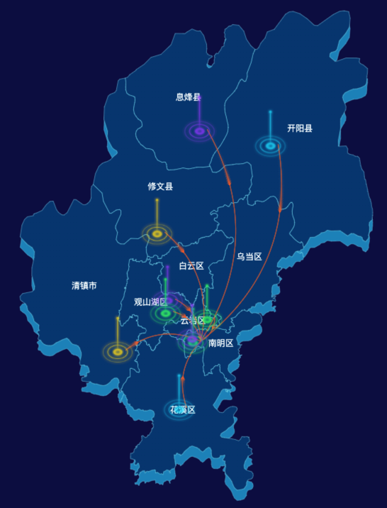 echarts贵阳市地区地图geoJson数据-飞线图