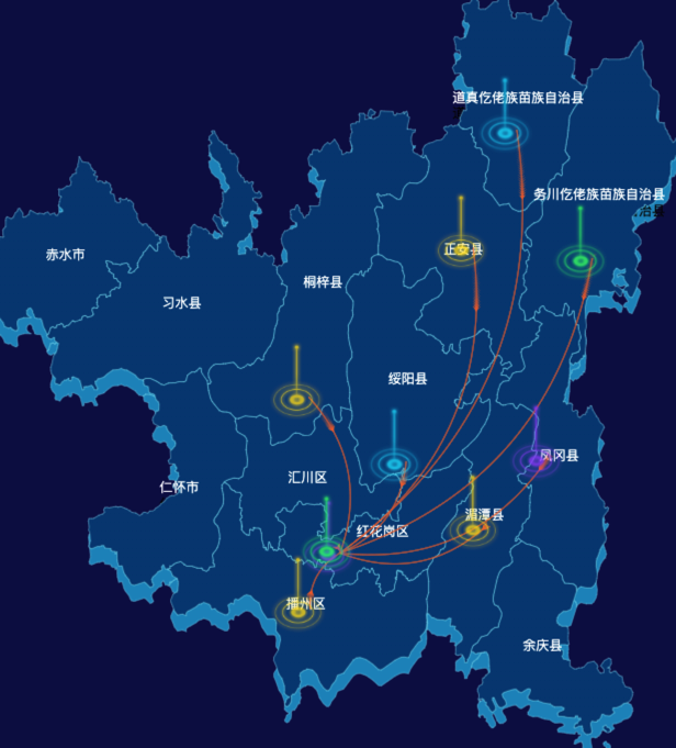 echarts遵义市地区地图geoJson数据-飞线图