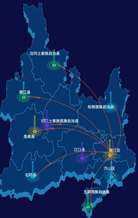 echarts铜仁市地区地图geoJson数据-飞线图