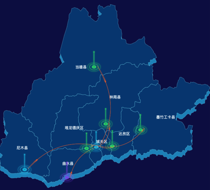 echarts拉萨市地区地图geoJson数据-飞线图