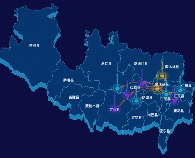 echarts日喀则市地区地图geoJson数据-飞线图