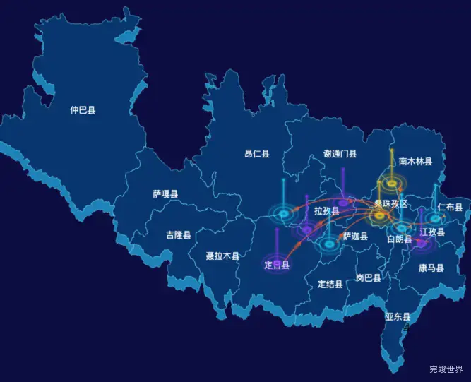 echarts日喀则市地区地图geoJson数据-飞线图