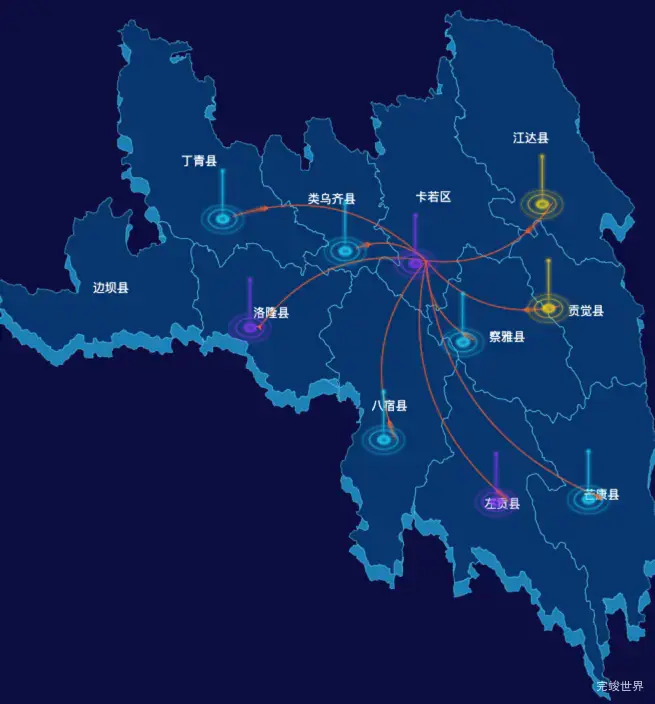 echarts昌都市地区地图geoJson数据-飞线图