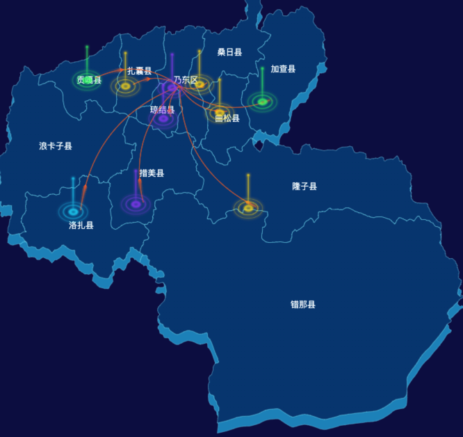 echarts山南市地区地图geoJson数据-飞线图