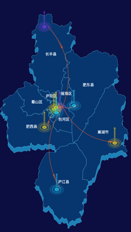 echarts合肥市地区地图geoJson数据-飞线图