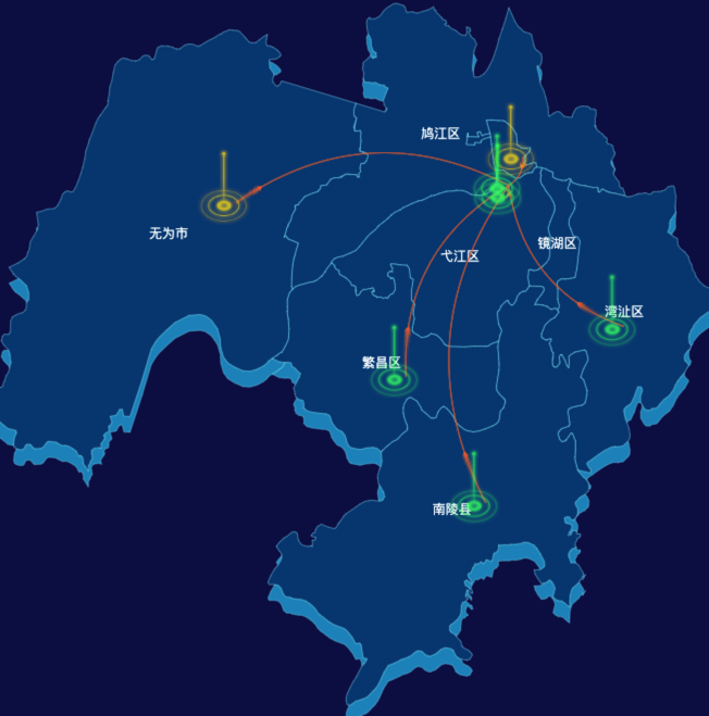 echarts芜湖市地区地图geoJson数据-飞线图