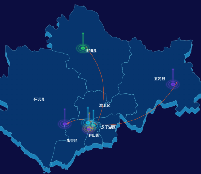 echarts蚌埠市地图放射效果实例演示